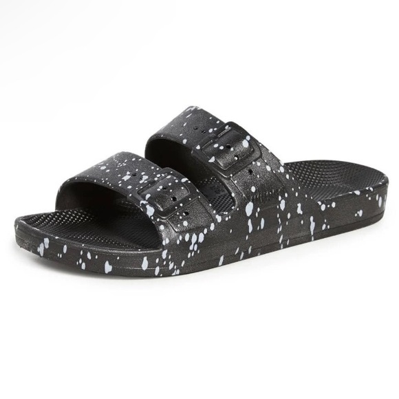 FREEDOM MOSES Two Band Slide Sandals - Black Splatter - Picture 2 of 5